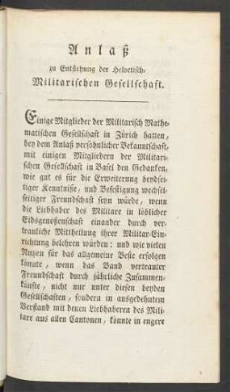 Anlaß zu Entstehung der Helvetisch-Militarischen Gesellschaft