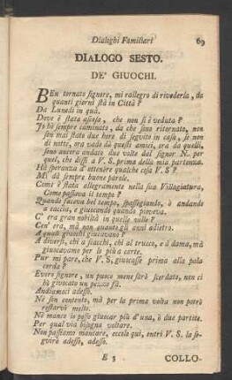 Dialoghi Familiari. Dialogo Sesto. De' Giuochi