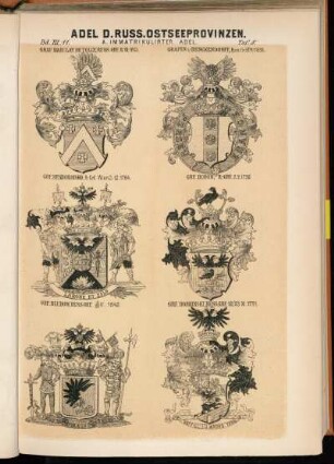 Taf. 8. Graf Barclay de Tolly, Russ. Grf. 8.10.1813. - Grafen v. Benckendorff, Russ. Grf 15/26 XII.1833. - Grf. Besborodko, R.-Grf. Wien 3.12.1784. - Grf. Biron, R.-Grf. 2.9.1730. - Grf. Bludow, Russ. Grf. 18/30 IV.1842. - Grf. Bobrinski, Russ. Grf. 12/23 XI.1791
