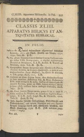 Classis XLIII. Apparatus Biblicus Et Antiquitates Hebraicae