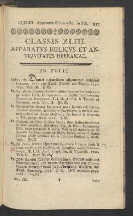 Classis XLIII. Apparatus Biblicus Et Antiquitates Hebraicae
