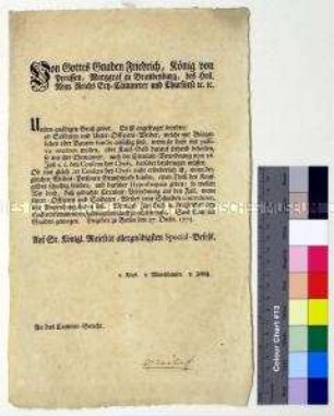 Spezialbefehl von Friedrich II. König von Preußen an das Kammergericht betreffend Anwendung der Zustimmungsklausel auf Frauen von Militärangehörigen bei Grundstückserwerb und Hypothekenwesen