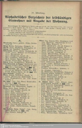 IV. Abtheilung. Einwohnerverzeichnis : IV. Abtheilung. Alphabetisches Verzeichnis der selbständigen Einwohner mit Angabe der Wohnung