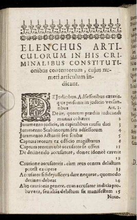 Elenchus Articulorum In His Criminalibus Constitutionibus contentorum [...]