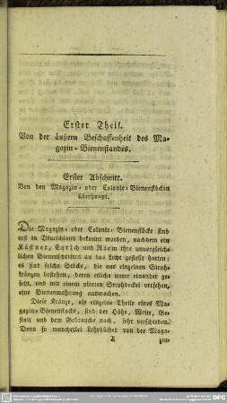 Erster Theil. Von der äußern Beschaffenheit des Magazin-Bienenstandes