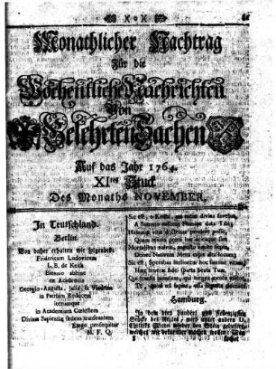 Monathlicher Nachtrag [...] Auf das Jahr 1764. XItes Stuck Des Monaths November