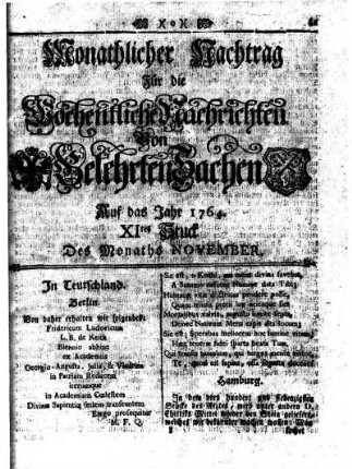 Monathlicher Nachtrag [...] Auf das Jahr 1764. XItes Stuck Des Monaths November