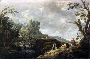 Flusslandschaft mit Holzbrücke und Ruine