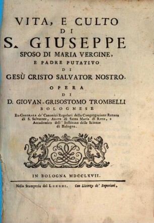 Vita, e culto di S. Giuseppe Sposo di Maria