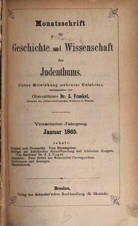 Monatsschrift für Geschichte und Wissenschaft des Judentums. 14. 1865