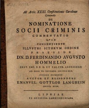 Ad Artic. XXXI. Constitutionis Carolinae criminalis de nominatione socii criminis commentatio