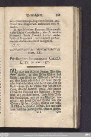 Num. XII. Privilegium Imperatoris Caroli IV. de anno 1376.