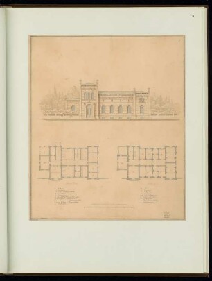 Krankenhaus Monatskonkurrenz August 1852: Grundriss Erdgeschoss, Obergeschoss, Aufriss Vorderansicht; 2 Maßstabsleisten, Raumplan