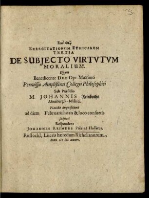 Exercitationum Ethicarum Tertia De Subiecto Virtutum Moralium