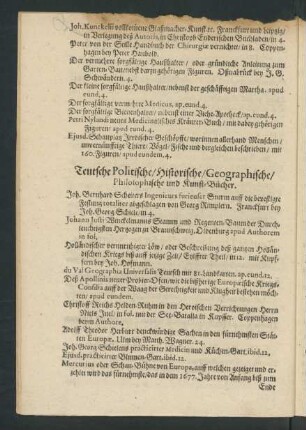 Teutsche Politische/ Historische/ Geographische/ Philosophische und Kunst-Bücher.