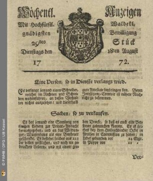 29tes Stueck, Dienstags den 18ten August 1772