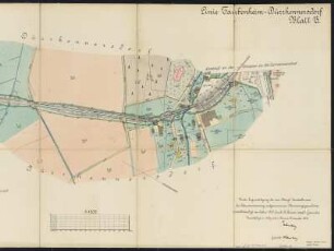 Berainungsgrundriss der Linie Herrnhut - Bernstadt, 1:1 000, Lithographie, 1895 : Linie Taubenheim - Dürrhennersdorf : unter Zugrundelegung der vom Königl. Zentralbureau für Steuervermessung aufgenommenen Berainungsgrundrisse vervollständigt im Jahre 1905 / durch A. Quaas, verpfl. Geometer ; Autogr. durch Lorenz ; Königl. Sächs. Staatseisenbahnen. - Vervielfältigt im Allg. techn. Bureau, Oktober 1906. - 1:1 000. - [Dresden], 1906. - 1 Karte in 13 Blättern : colorierte Lithographie ; je Blatt 50 x 100 cm. - Berainungsgrundriss der ehemaligen Schmalspurbahn