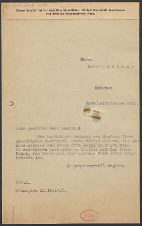 Brief an Erwin Lendvai : 11.10.1928