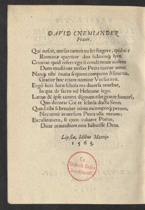 David Cnemiander Frater.