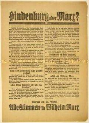 Programmatischer Wahlaufruf von Otto Braun zur Unterstützung von Wilhelm Marx im zweiten Wahlgang der Reichspräsidentenwahl Mai 1925