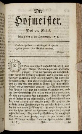 Das 27. Stück. Leipzig, den 2 des Heumonats, 1753.