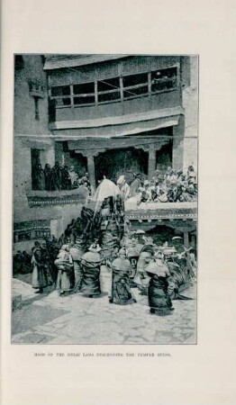 Mask of the Delai Lama descending the temple steps