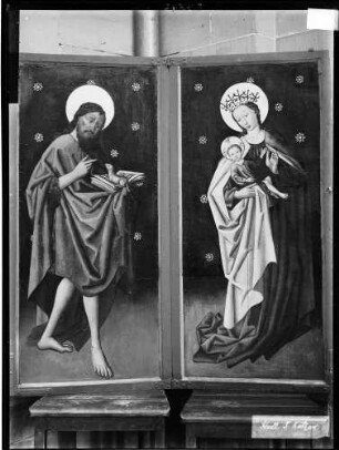 Schwäbisch Hall Sankt Katharinen Kirche Hochaltar (um 1450) Linker Doppelflügel Gemälde Heiliger Baptista und Madonna