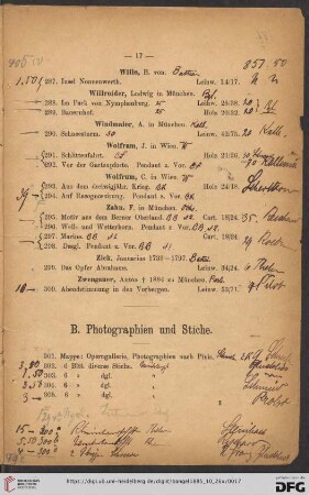 B. Photographien und Stiche (Nr. 301 - 315)