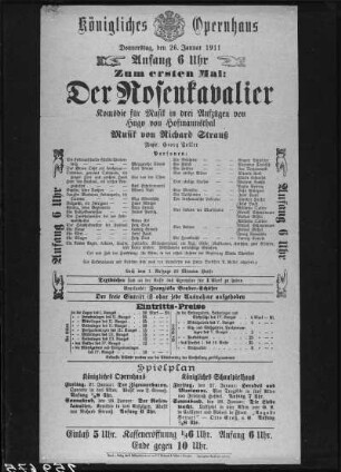 Theaterzettel zur Uraufführung der Oper "Der Rosenkavalier" von Richard Strauss mit Libretto von Hugo von Hofmannsthal (Regie: Georg Toller). Königliches Opernhaus Dresden, 26. Januar 1911. Dresden: Archiv Staatstheater