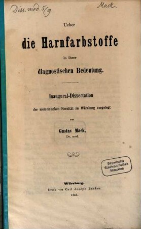 Ueber die Harnfarbstoffe in ihrer diagnostischen Bedeutung