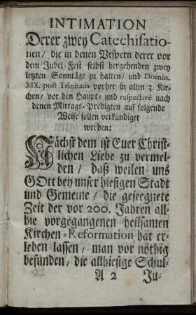 Intimation Derer zwey Catechisationen/ ...
