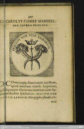 Carolus Comes Mansfelden. Imperii Princeps