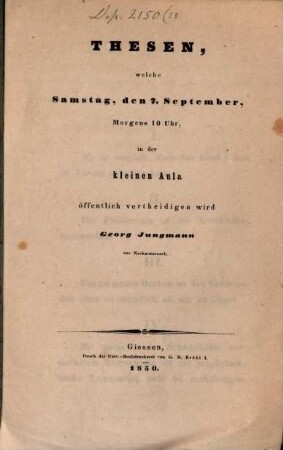 Thesen, welche .. d. 7. Sept. öff. vertheidigen wird Georg Jungmann