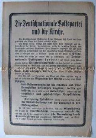 Sonderdruck der DNVP über ihre Haltung zur Kirche und zum Verhältnis zwischen Kirche und Staat