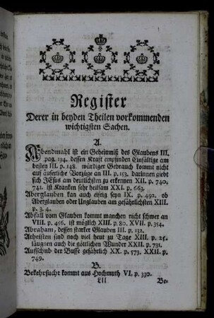 Register derer in beyden Theilen vorkommenden wichtigsten Sachen.