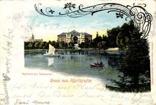 Postkartenalbum August Schweinfurth mit Karlsruher Motiven. "Gruß aus Karlsruhe - Festhalle und Stadtgarten"