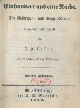 N.F., Bändchen 4: Abendländische Tausend und eine Nacht oder: die schönsten Mährchen und Sagen aller europäischer Völker