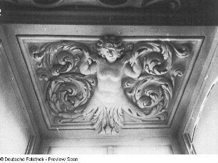 Comotan, G.; Vinetti, Giulio. Stuckdecke. 1662. Detail: Fenstersturz an der Nordseite mit Waldkind. Bautzen, Ortenburg, Audienzsaal