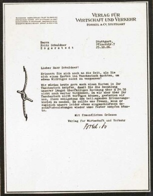 Humoristischer Mahnbrief Verlag für Wirtschaft und Verkehr Forkel & Co. Stuttgart
