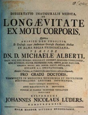 Dissertatio Inauguralis Medica, De Longævitate Ex Motu Corporis