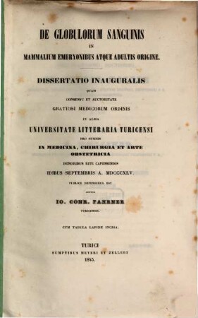 De globulorum sanguinis in mammalium embryonibus atque adultis origine : dissertatio inauguralis ; cum tabula lapide incisa
