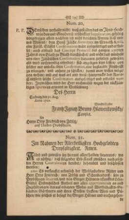 Num. 21. Im Nahmen der Allerheiligsten Hochgelobten Dreyfaltigkeit. Amen.