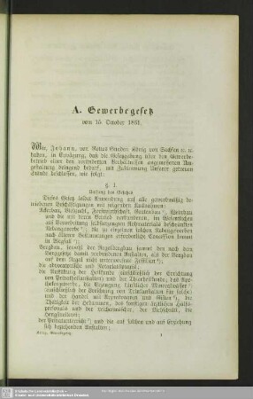 A. Gewerbegesetz vom 15. October 1861
