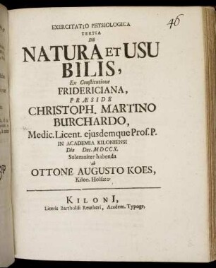 Exercitatio Physiologica Tertia De Natura Et Usu Bilis