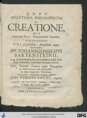 Meletema Philosophicvm De Creatione