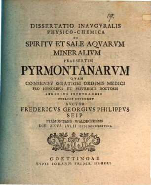 Diss. inaug. de spiritu et sale aquarum mineralium, praesertim Pyrmontanarum