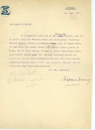 Korrespondenz von Stefan Zweig an Unbekannt