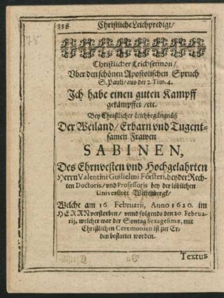 Christlicher Leichsermon ... Frawen Sabinen, Des Ehrnvesten ... Herrn Valentini Guilielmi Försteri ...