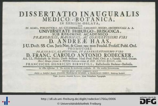 Dissertatio Inauguralis Medico-Botanica, In Xenium Oblata