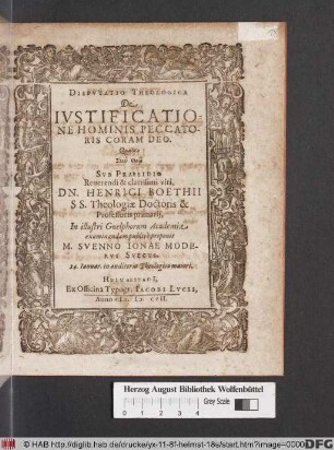 Disputatio Theologica De Iustificatione Hominis Peccatoris Coram Deo